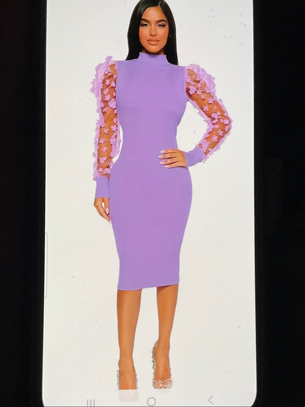 SHEIN Lilac Long-Sleeve Midi Dress with Sheer Floral Puff Sleeves**Fits Like 1X
